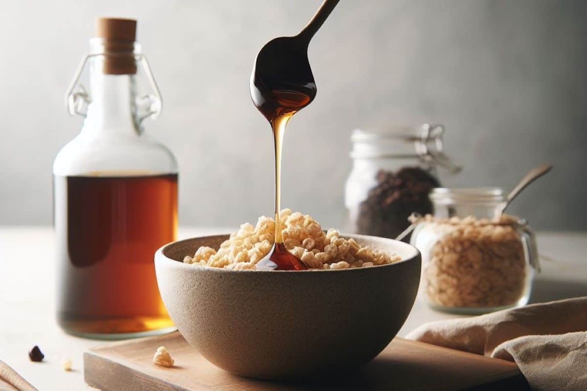 drizzling syrup on cereal.