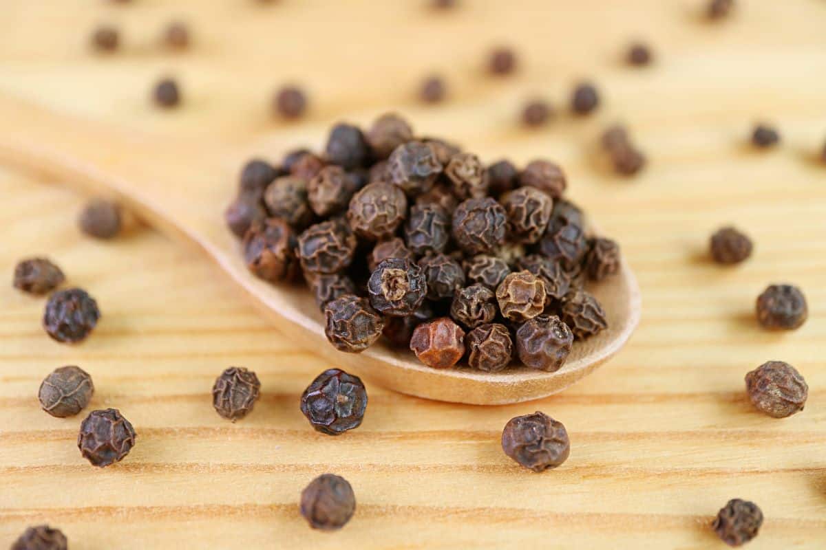 whole black peppercorns on a wooden spoon.