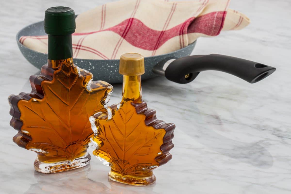 maple syrup in maple leaf shaped bottles.