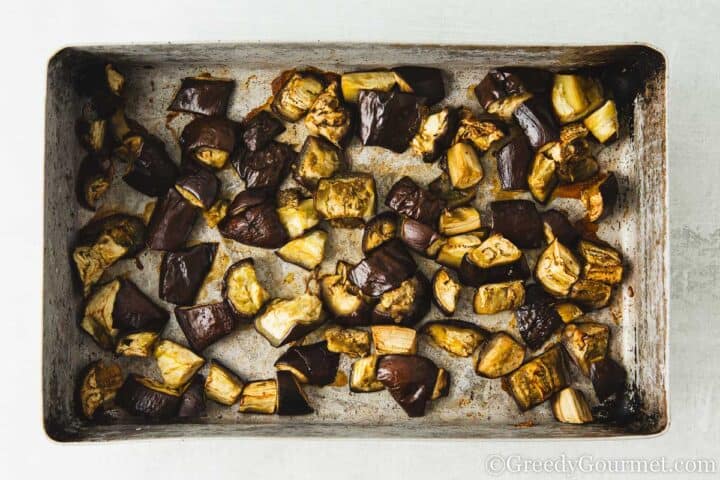 Roasted eggplant cubes.