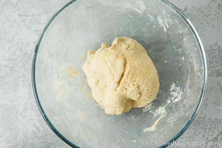 Cobbler dough in a glass bowl.