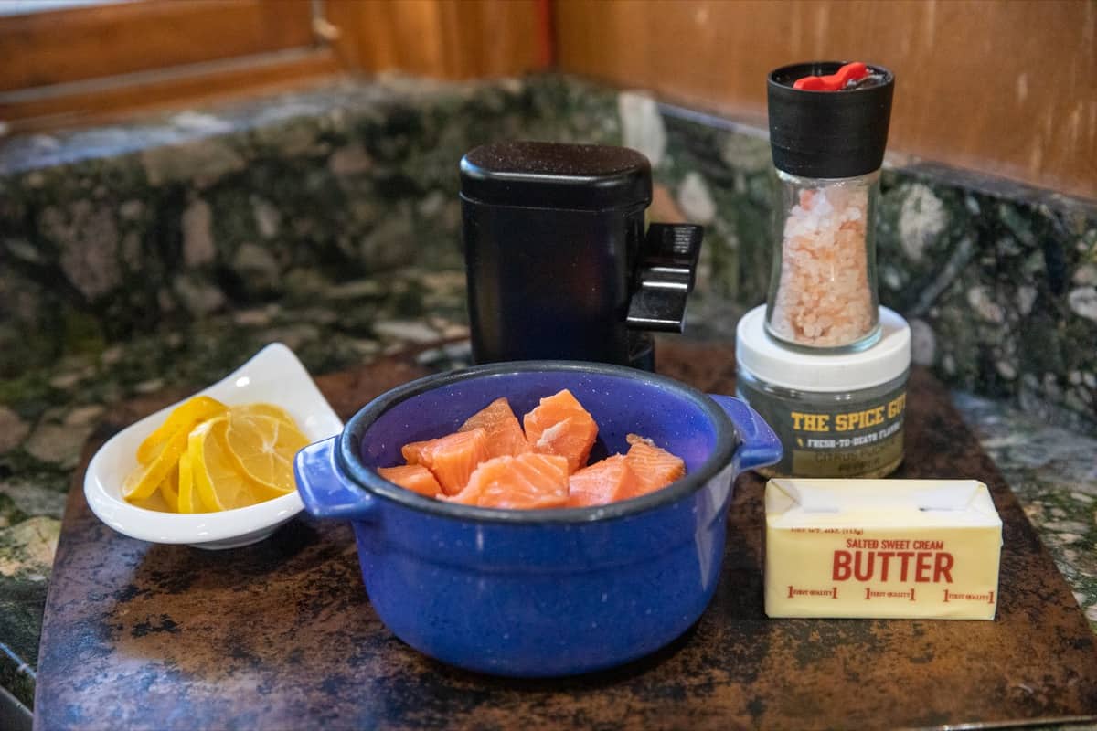 Ingredients for salmon bites on a kitchen table.
