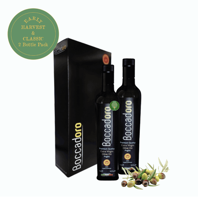 two bottles of black olive oil from Boccadoro