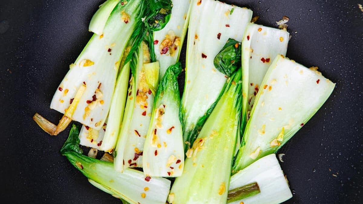 Plate of a vegan stir fry of bok choy.