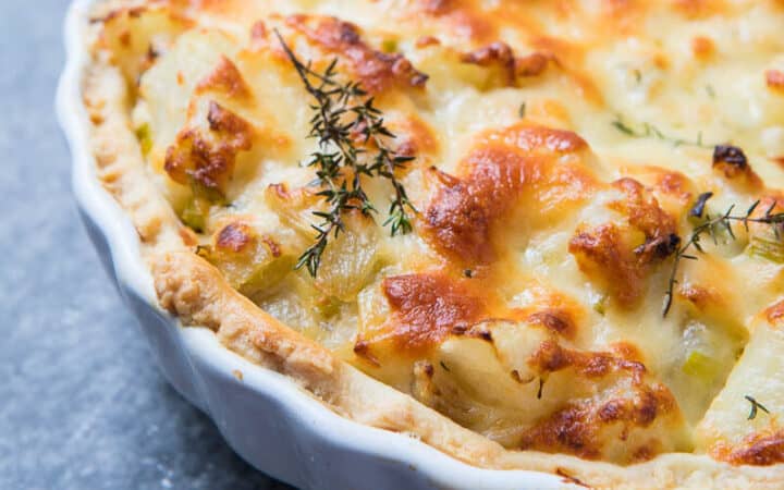 Homity Pie with a white pie pan