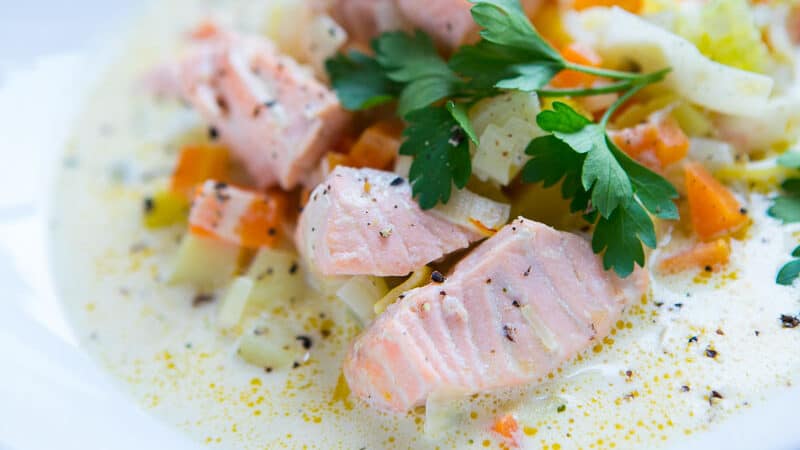 A bowl of Salmon Soup