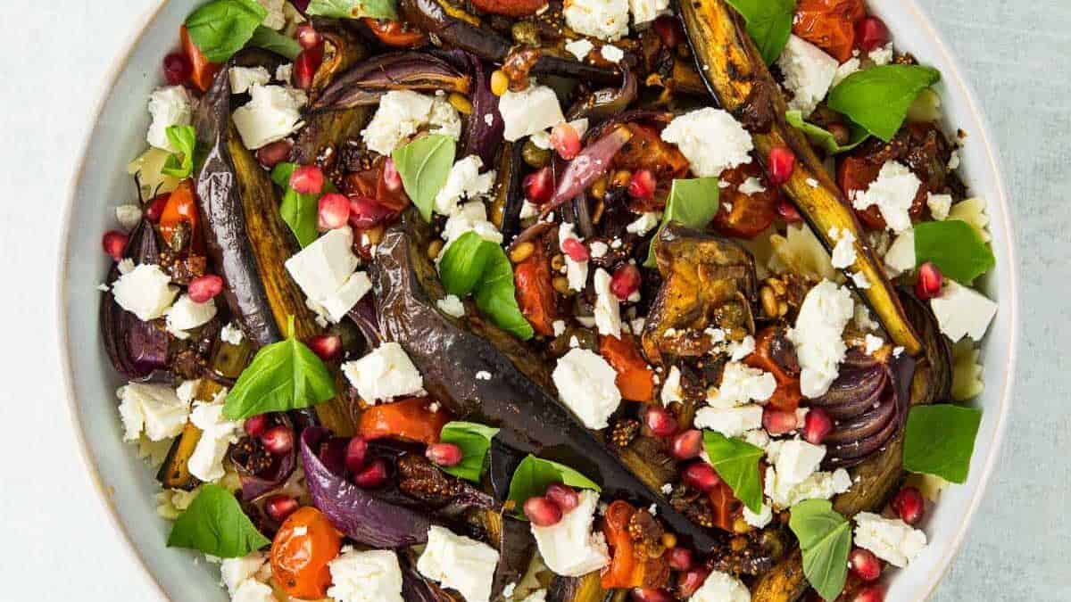 Round bowl of a colorful Roasted vegetable Salad,