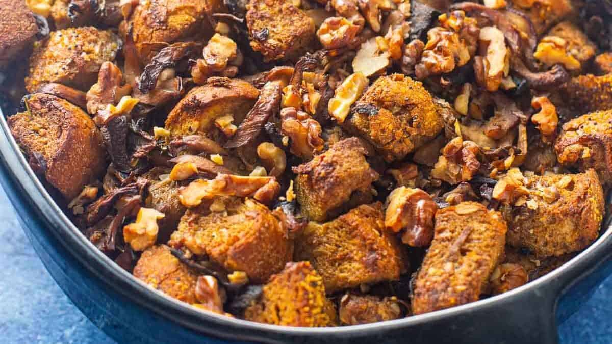 Cooking pot filled with Christmas stuffing.