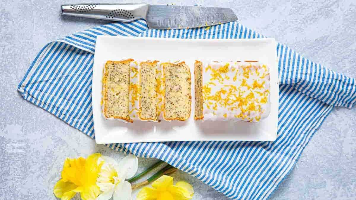 Sliced chia seed cake with yellow flowers