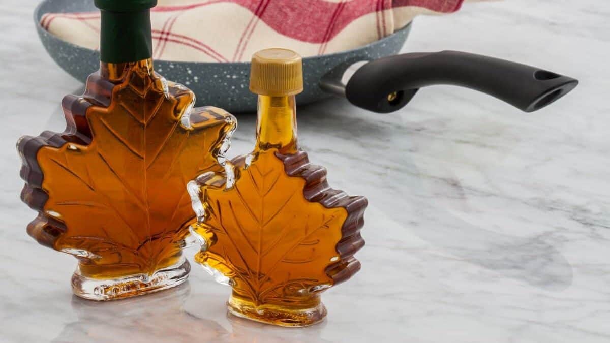 maple syrup in maple leaf shaped bottles.