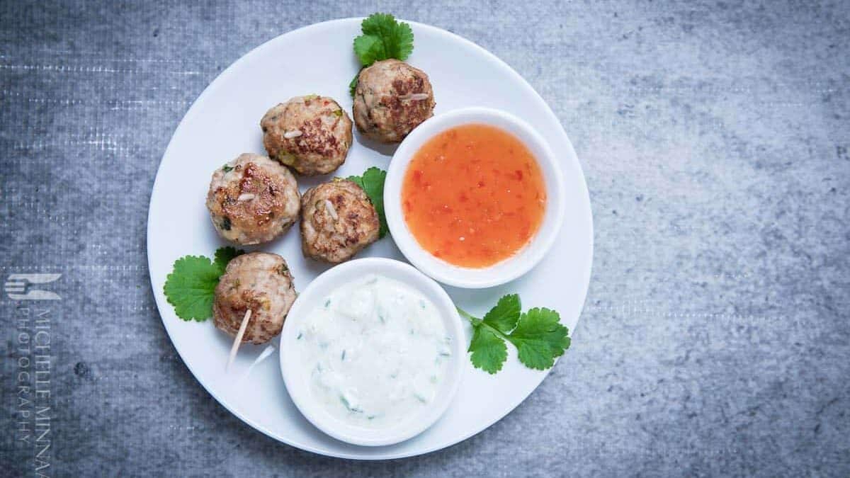 Thai Turkey Meatballs from above with dips