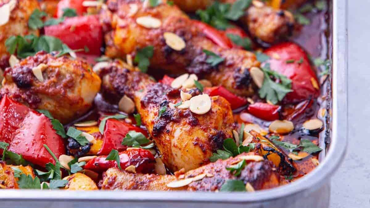 Close up of a chicken tray bake