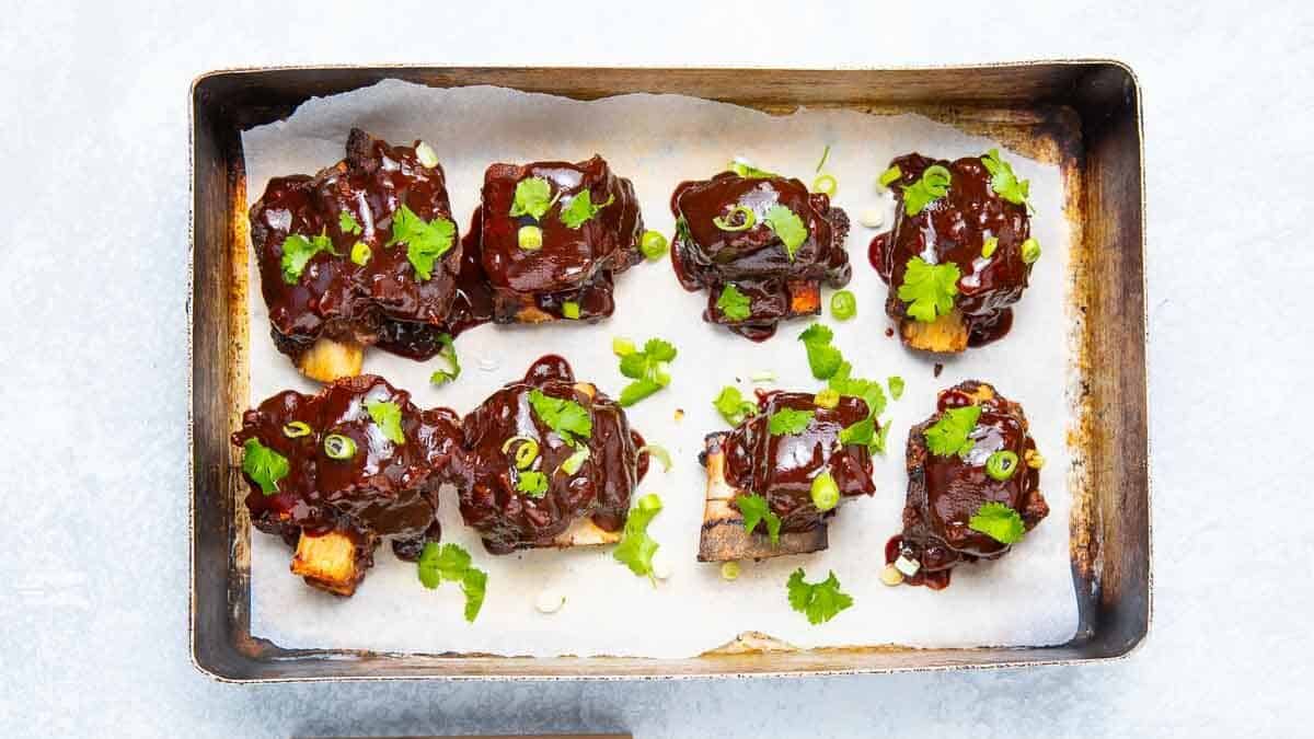 Smoked ribs on a baking tray