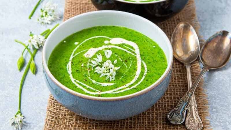 Two bowls of green wild garlic soup