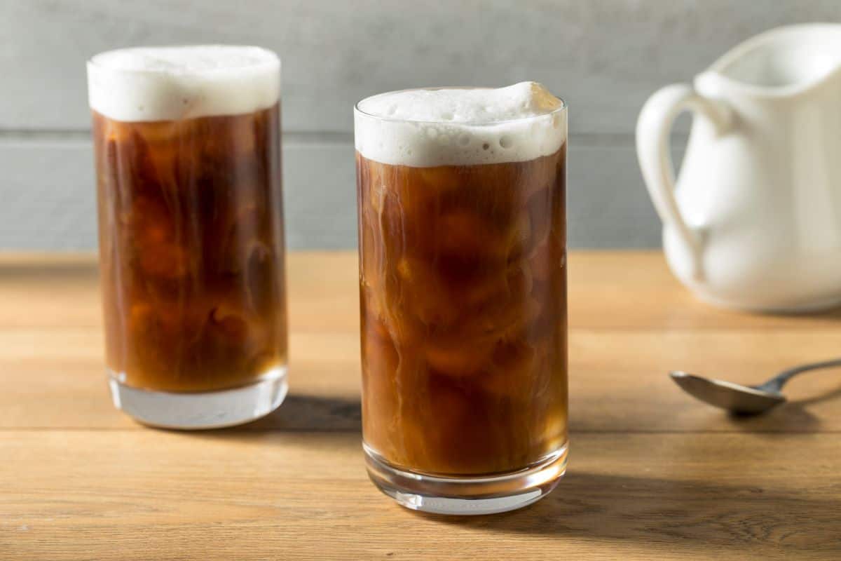 Cold brew coffee with ice and milk.