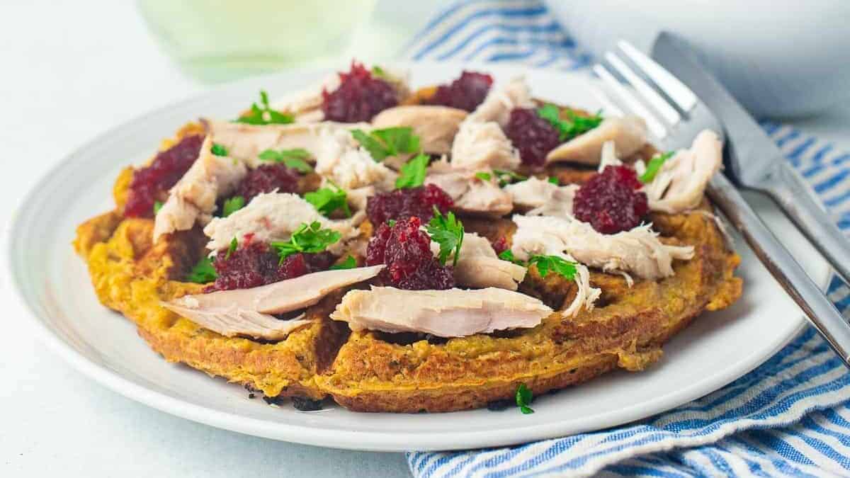 Plate of a full leftover stuffing waffles