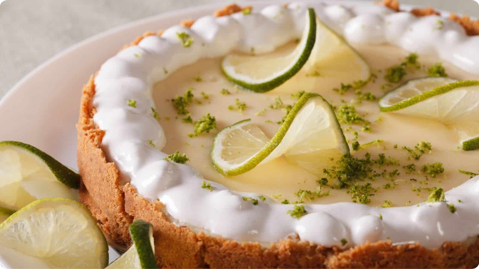 Key Lime Pie adorned with limes slices served on a plate.