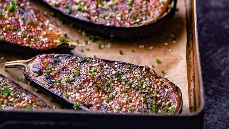 Lined eggplant in a pan to make a Japanese eggplant recipe