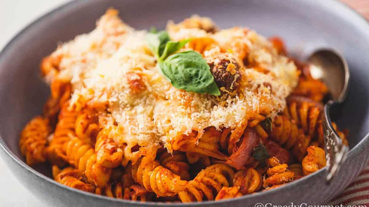 tomato pasta bake in a bowl.