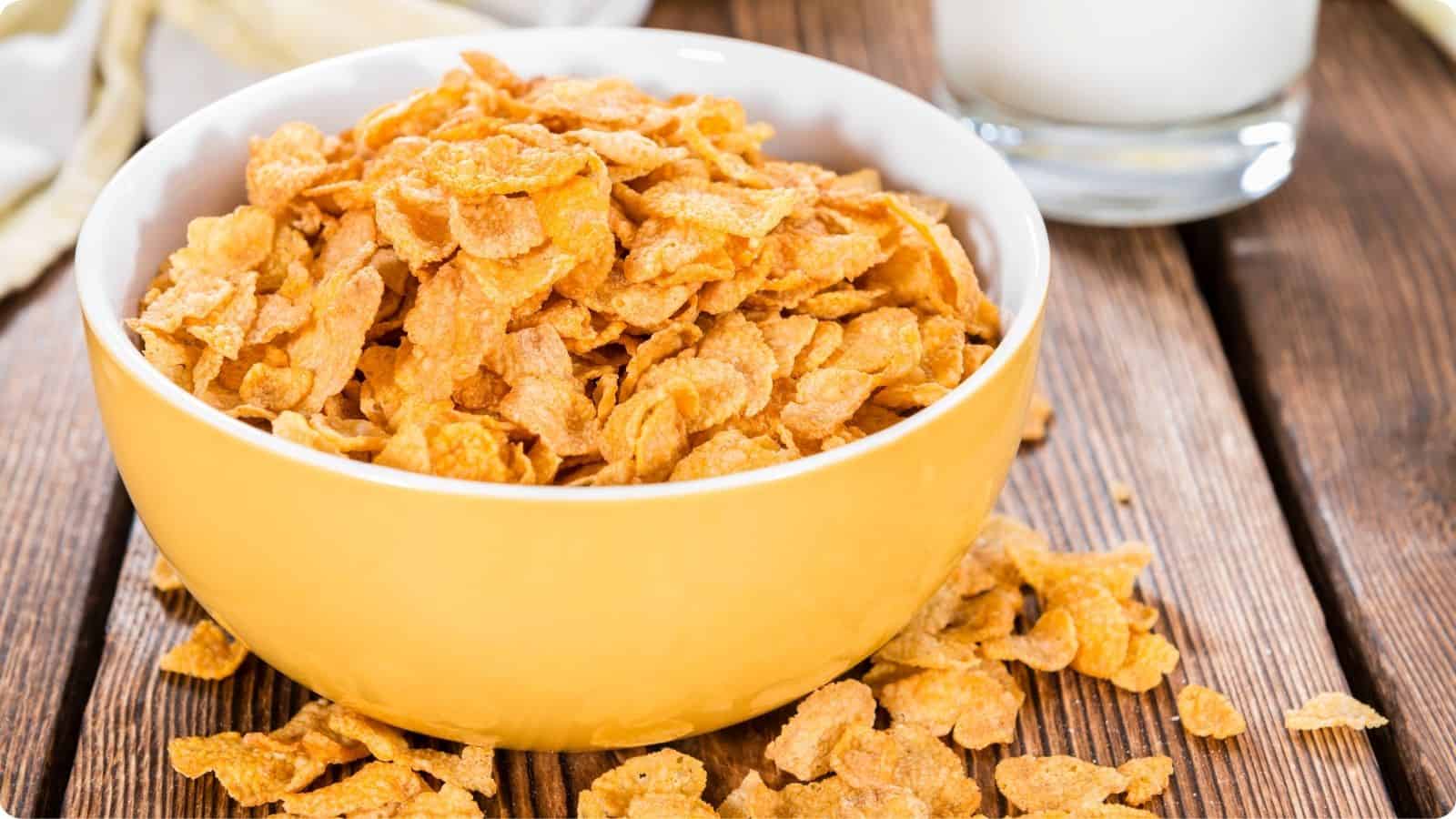 Cornflakes in a yellow bowl serve on a wooden table.