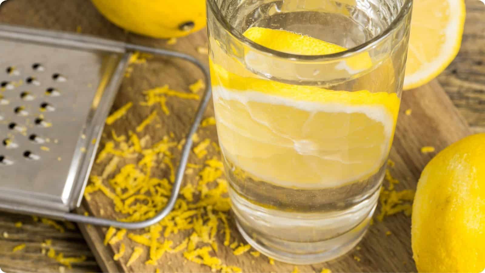 Lemon water with lemon zest on the cutting board place on the wooden table.