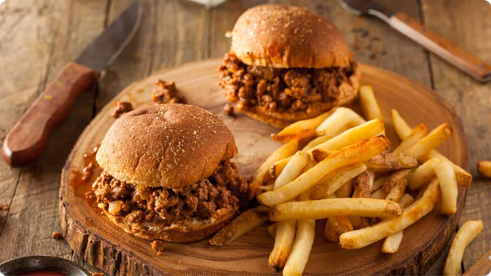 Sloppy Joes resting on a chopping board atop a wooden table, accompanied by a side of fries.⁣