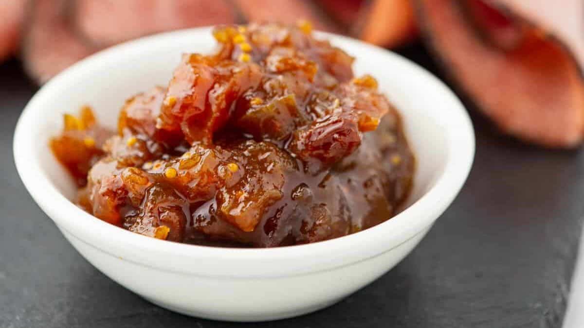 Bowl of fresh rhubarb chutney