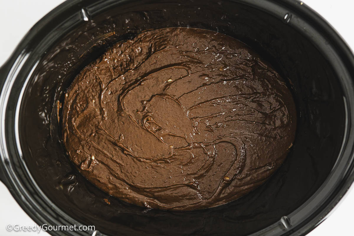 Batter for slow cooker chocolate lava cake in a slow cooker.