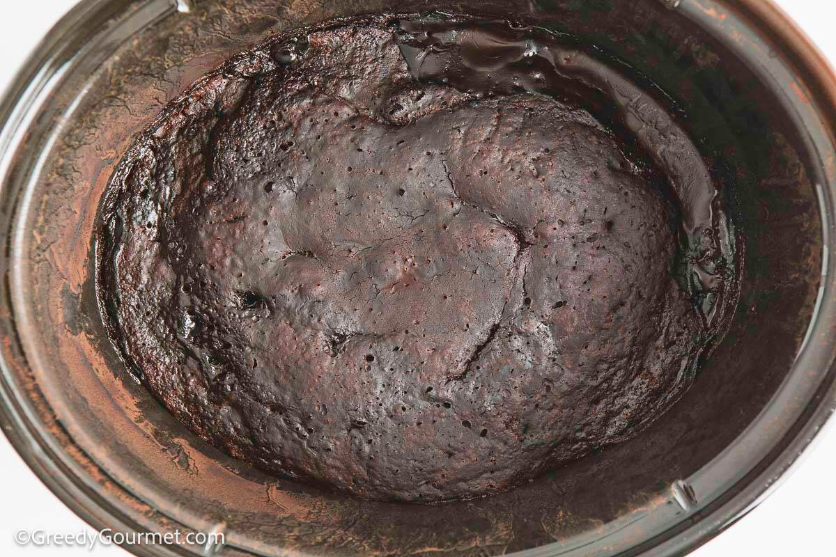 Chocolate lave cake cooked in a slow cooker.