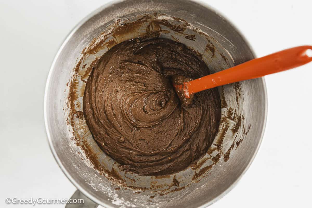 Mixed batter for chocolate lava cake in a bowl.