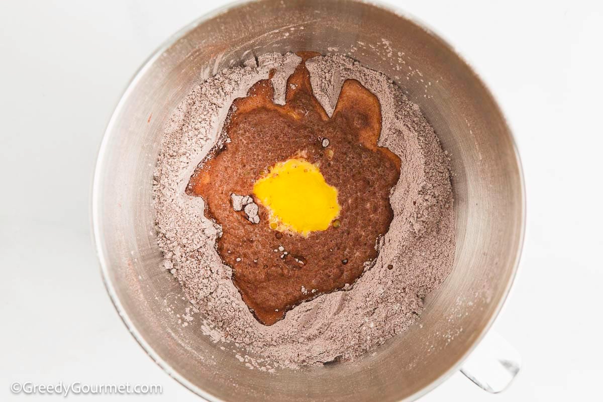 Batter for chocolate lava cake in a bowl.