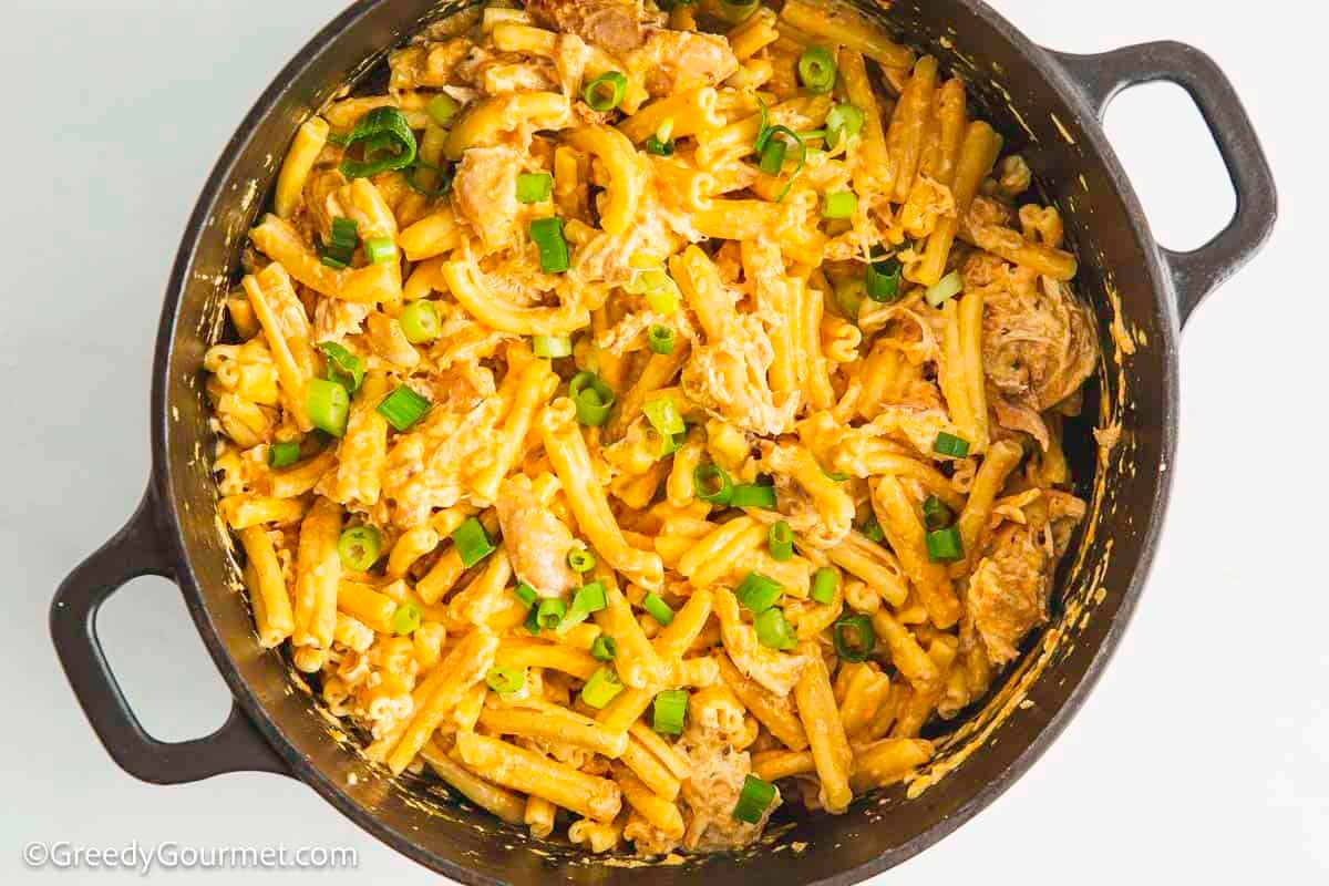 Buffalo chicken pasta in a cooking pot.