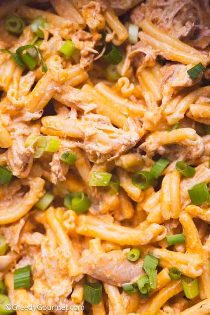 Close up of buffalo chicken pasta.