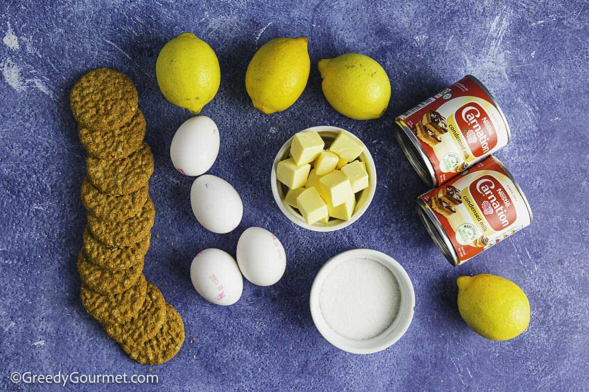 Ingredients for lemon pie on a table.