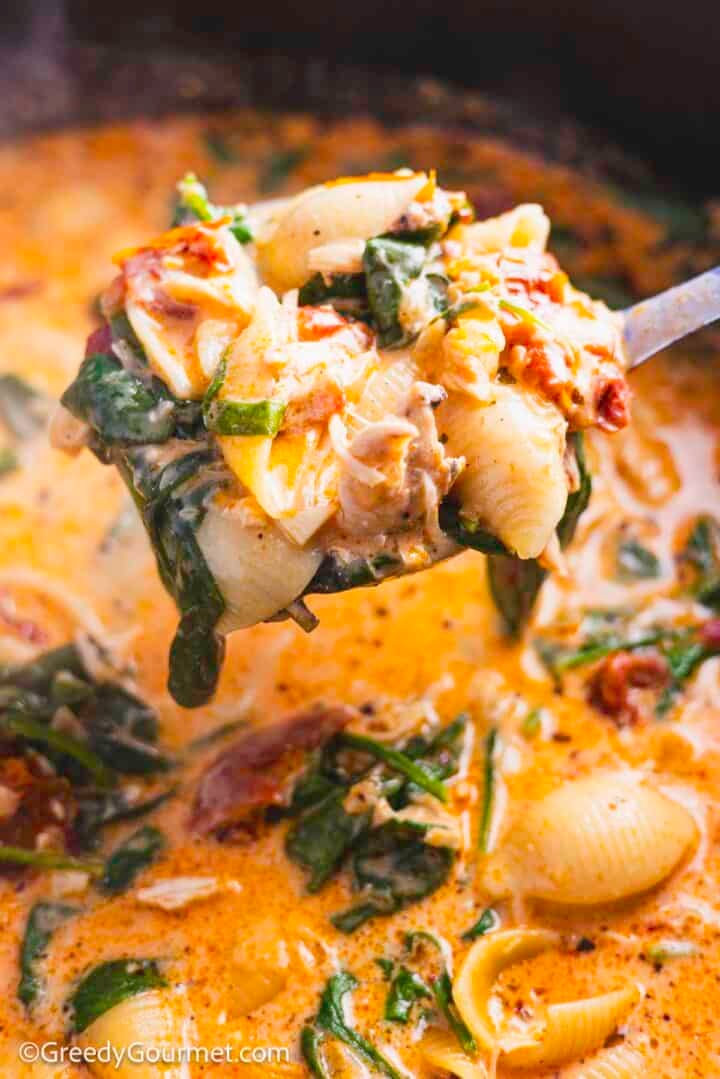 Closeup of a pan of creamy Marry me chicken soup.