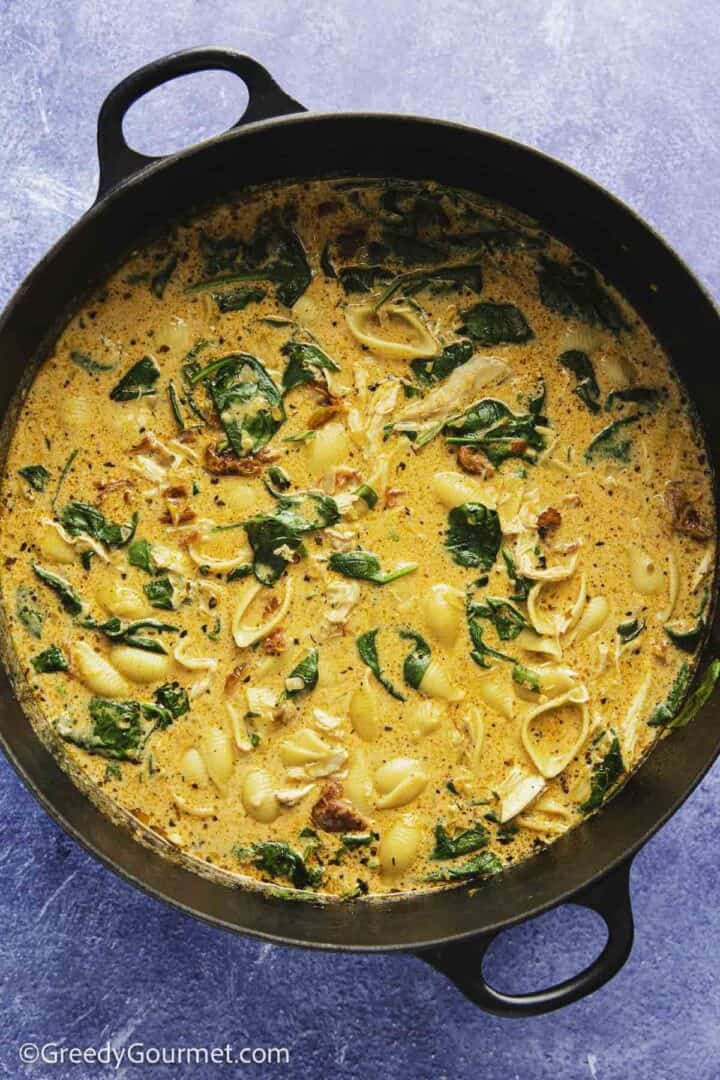 A pan of creamy Marry me chicken soup.