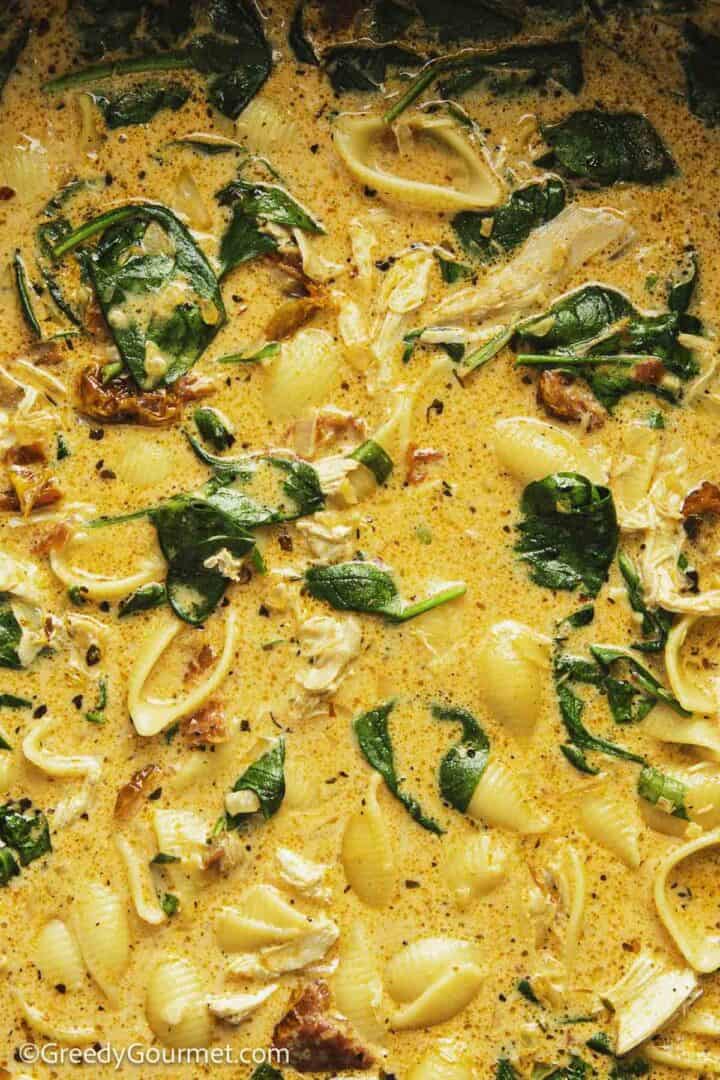 Closeup of a pan of creamy Marry me chicken soup.