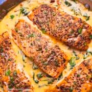 Creamy marry me salmon in a pan.
